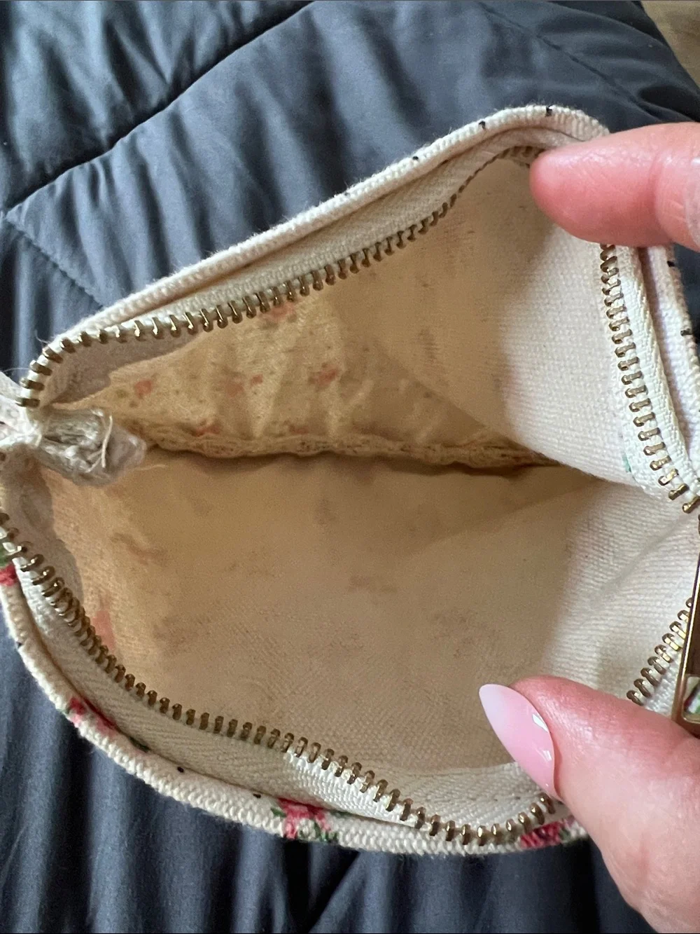 Sézane Floral Ruffle Canvas Pouch in Cream and Pink 8x6.5
